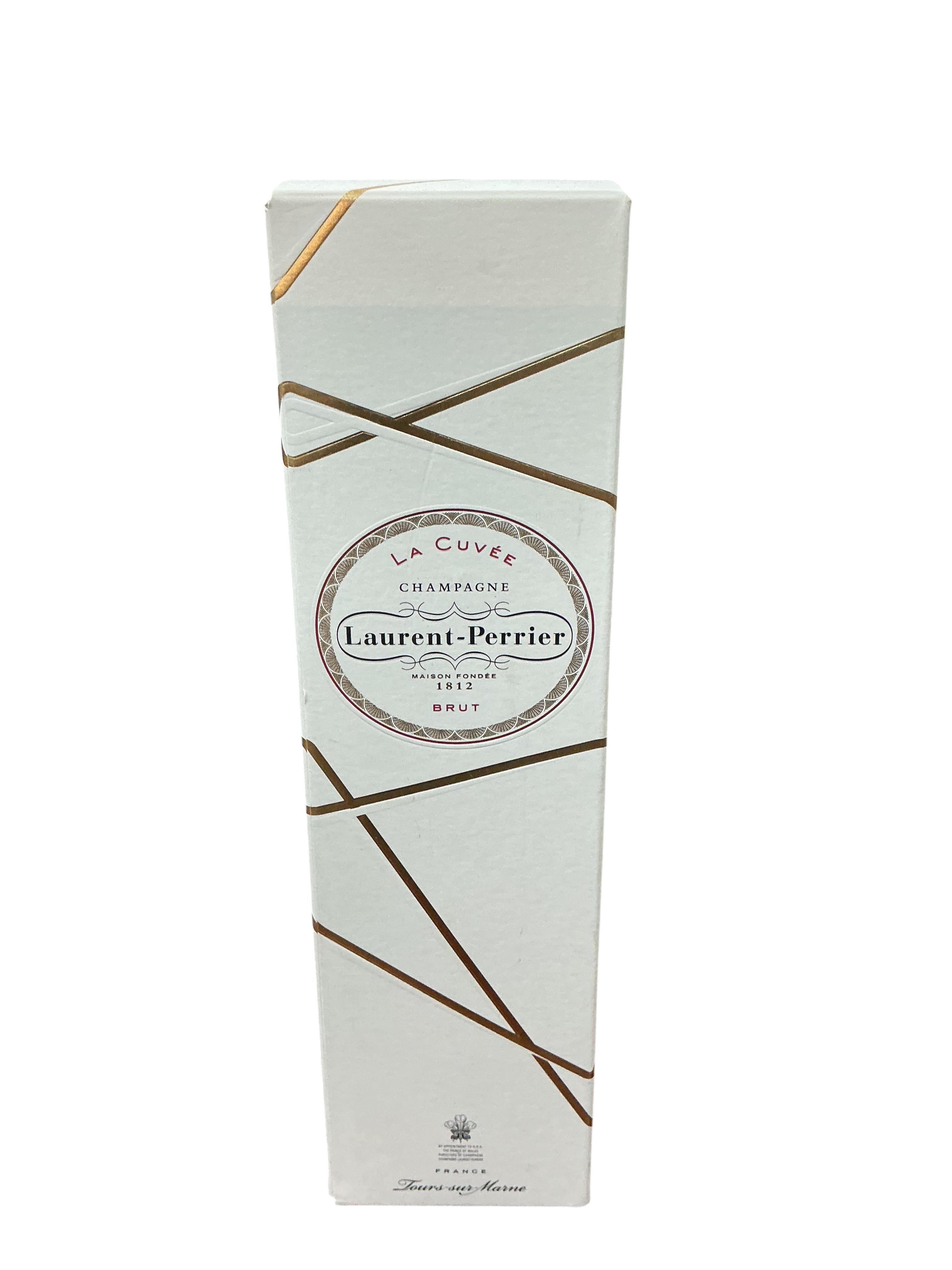 A bottle of Laurent Perrier brut champagne, boxed. (Provenance, surplus stock from a local wedding company)